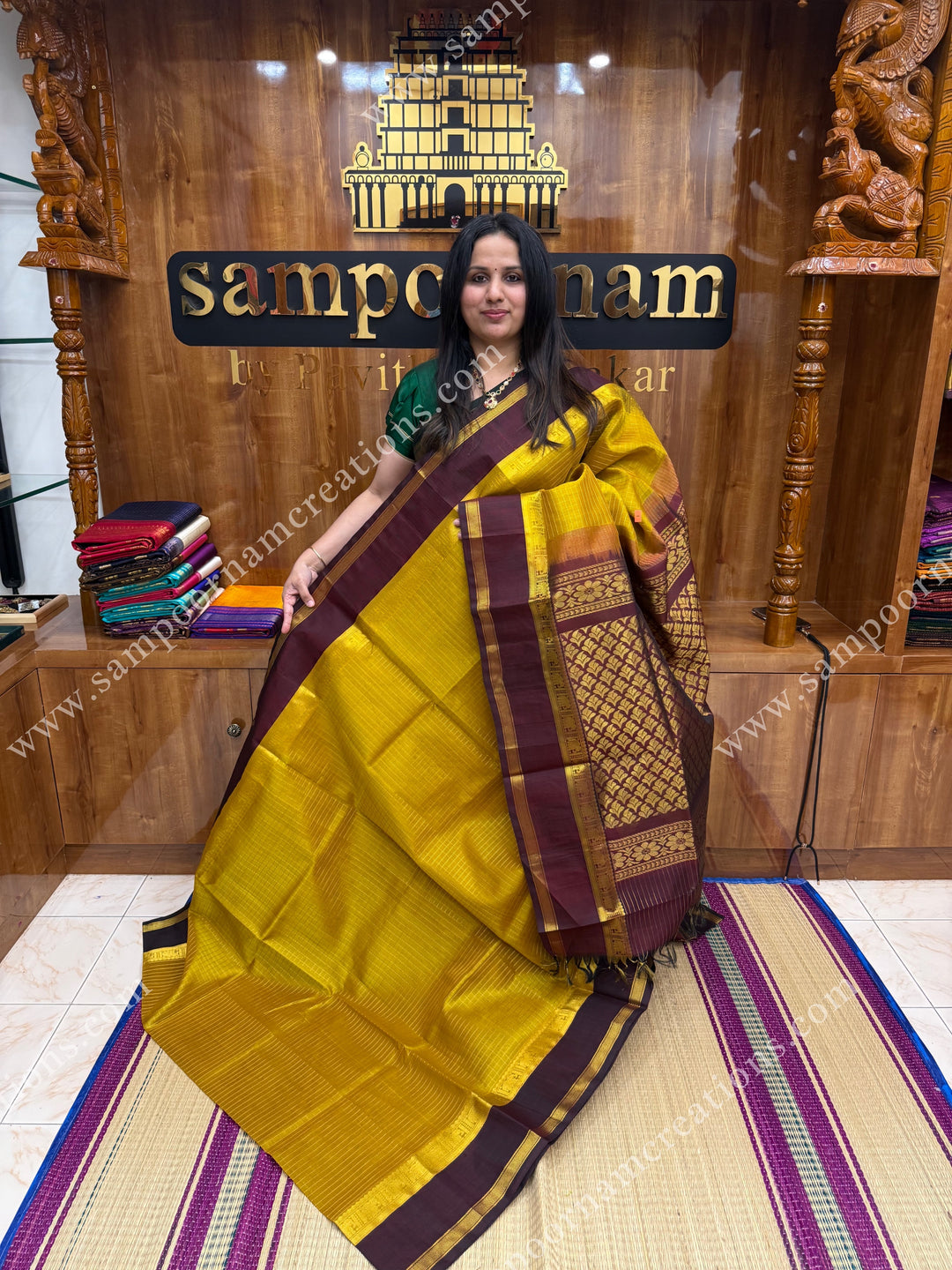 Dark Gold with Brown  , Rich Zari checks in the body and  rettapet  borders , rich Pallu Korvai Silk Cotton Sareee