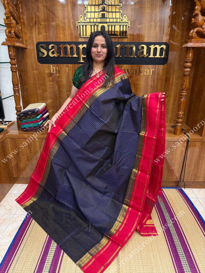 Dark Blue with Red , Rich Zari checks in the body and  rettapet  borders , rich Pallu Korvai Silk Cotton Sareee