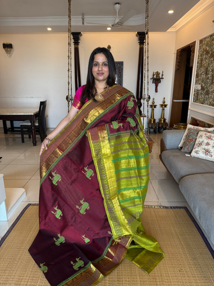 Maroon with green , terracotta hand block printed silk cotton saree