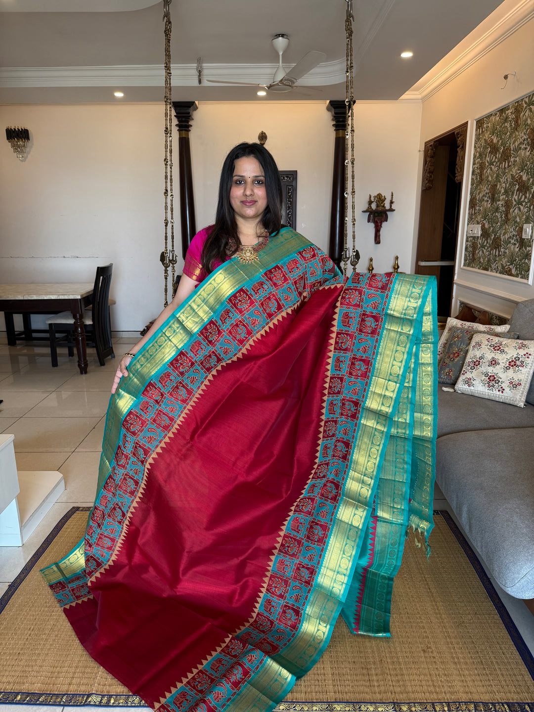 Red with Turquoise Blue Traditional Border and Rich Pallu ,Border Annam and Elephant Printed Silk Cotton Saree