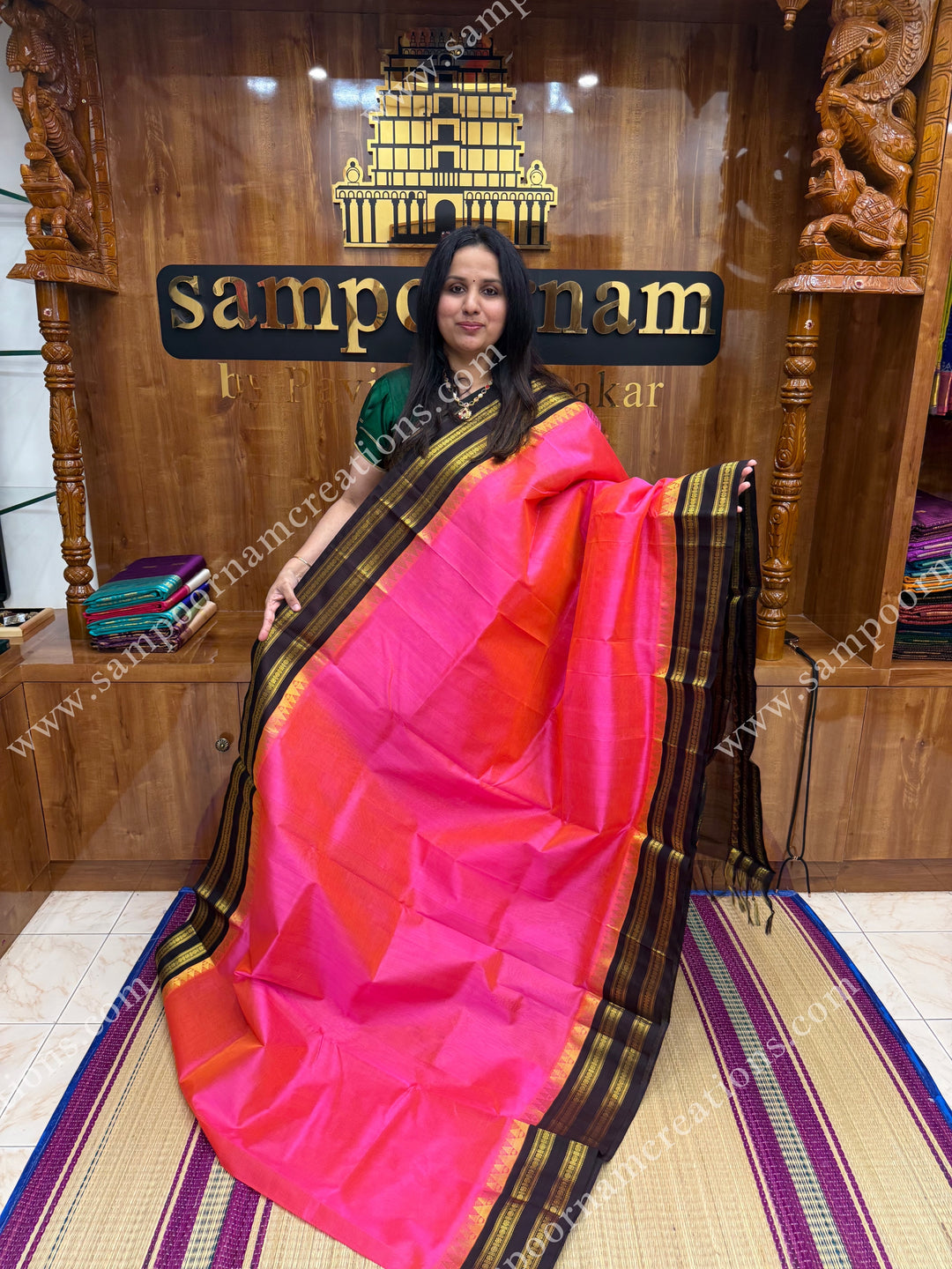 Fuchsia Pink with Deep Brown , Vairaoosi lines in the body and rettapet border ,  rich Pallu Korvai Silk Cotton Sareee