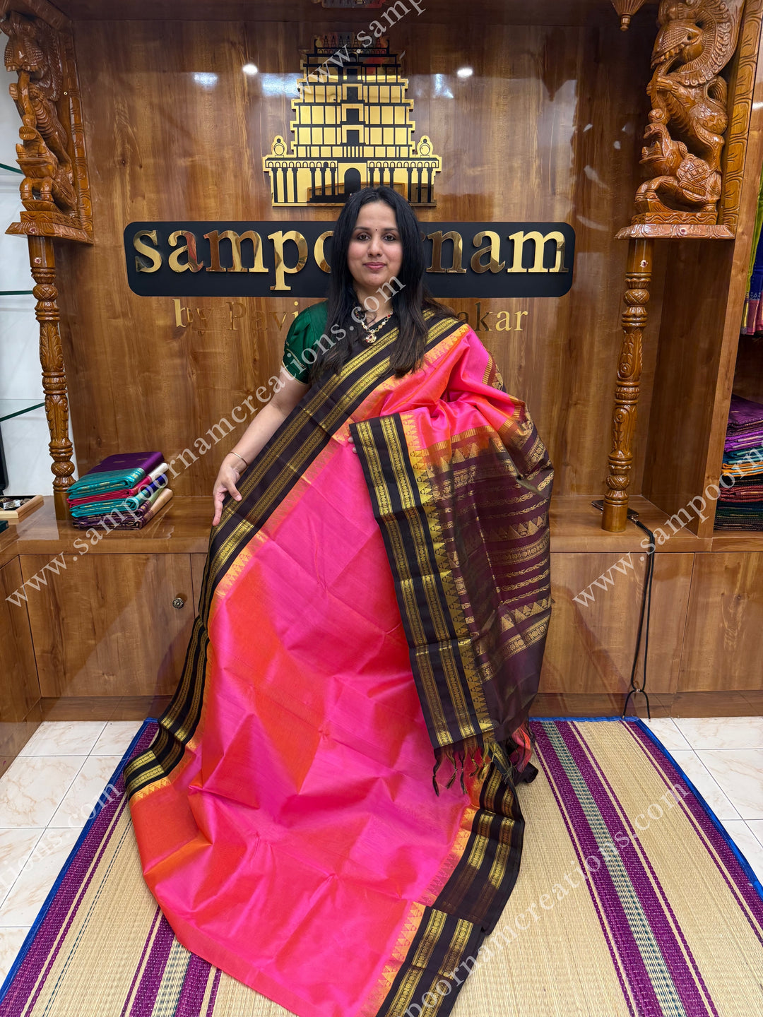 Fuchsia Pink with Deep Brown , Vairaoosi lines in the body and rettapet border ,  rich Pallu Korvai Silk Cotton Sareee