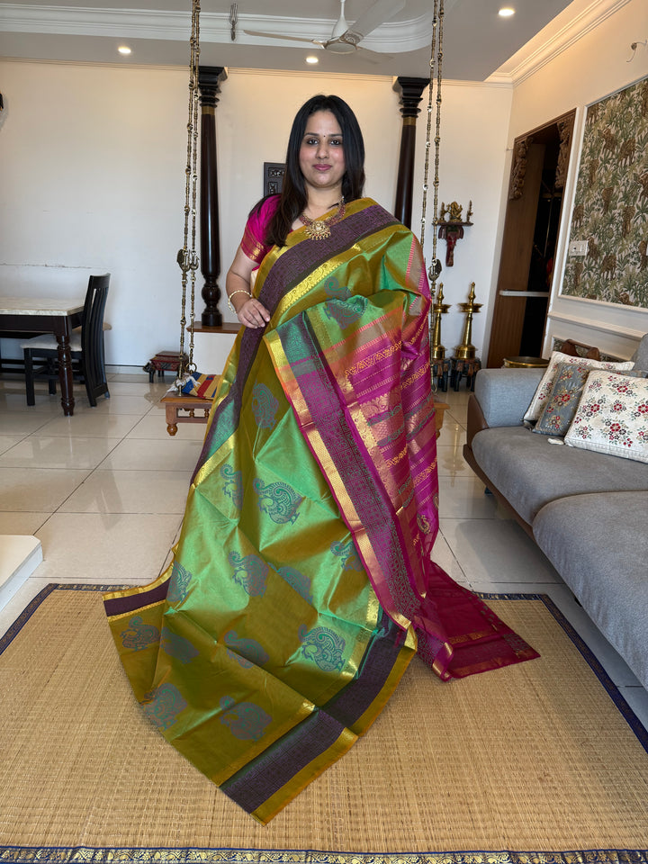 Green with pink , annam hand block printed silk cotton saree