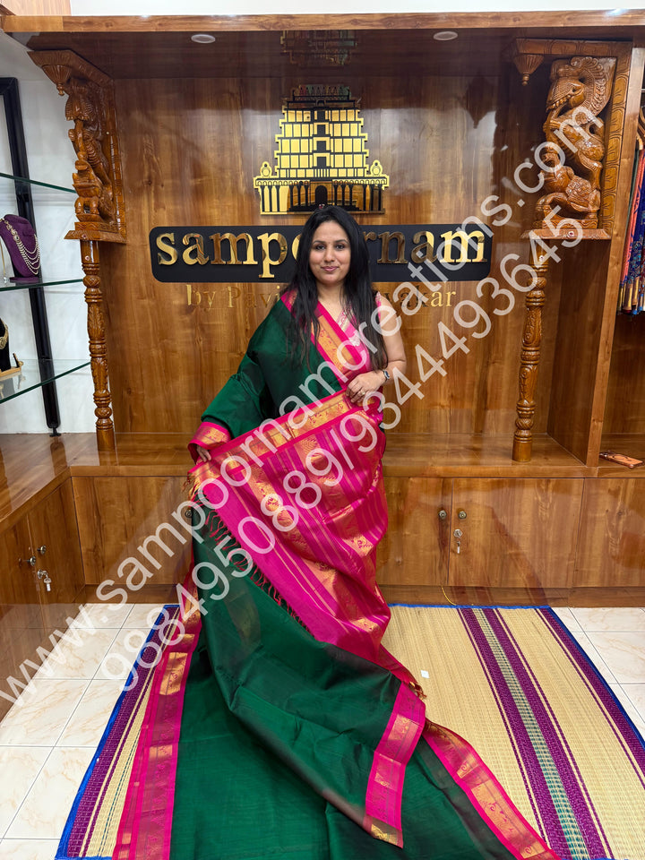 Bottle Green with Pink , Traditional borders and rich Pallu Korvai 10 Yards Silk Cotton Saree