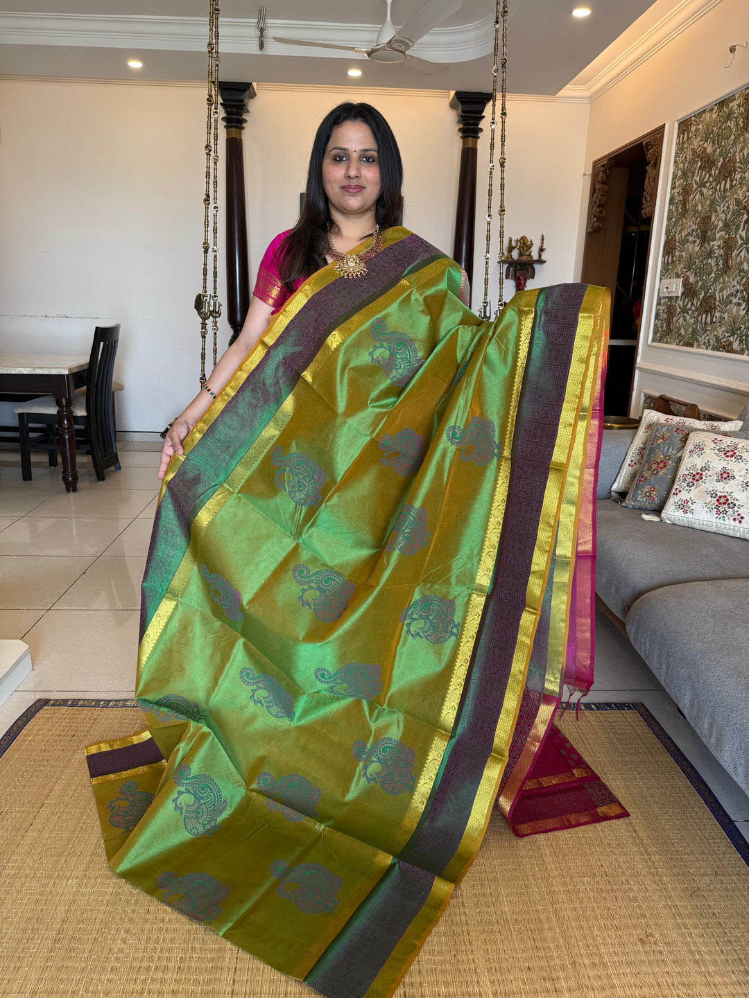 Green with pink , annam hand block printed silk cotton saree