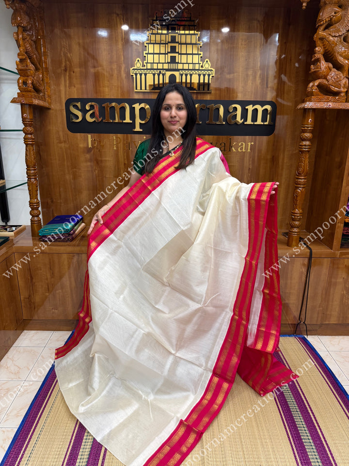 Offwhite with Hot Pink , Rettapet  borders and rich Pallu Korvai Silk Cotton Sareee