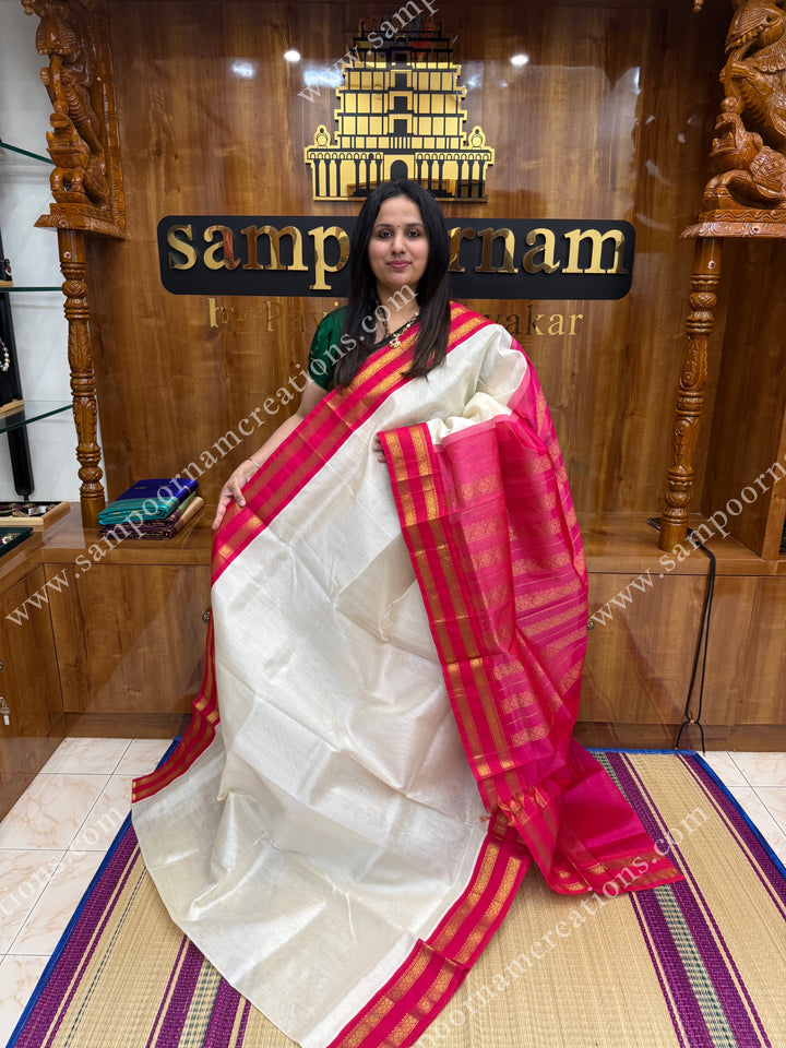 Offwhite with Hot Pink , Rettapet  borders and rich Pallu Korvai Silk Cotton Sareee