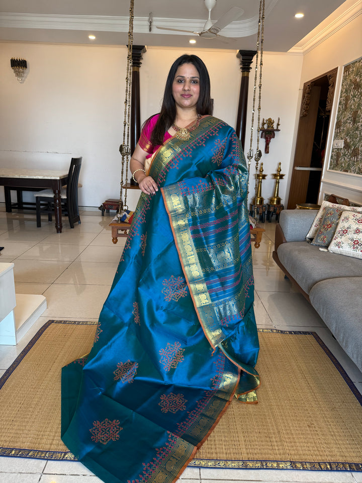 Rama blue with orange selvedge ,Traditional Border and Pallu Kolam Handblock Printed Silk Cotton Saree