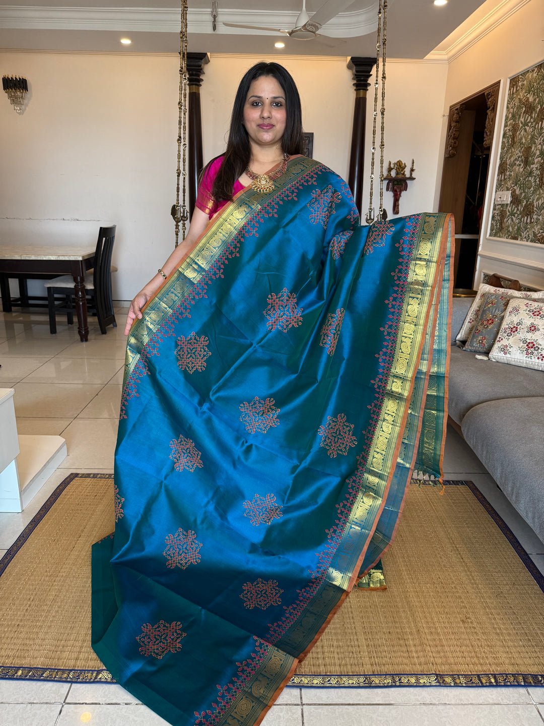 Rama blue with orange selvedge ,Traditional Border and Pallu Kolam Handblock Printed Silk Cotton Saree