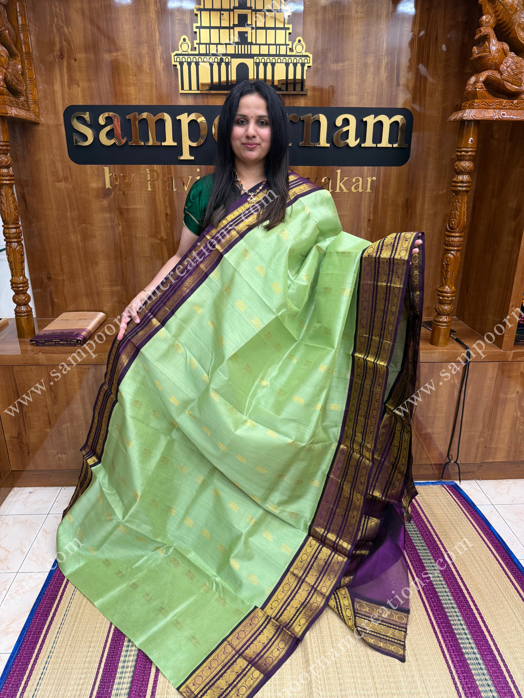 Pastel Pista Green with Vadamalli , Rich Zari butta in the body and Traditional Kanchi borders , rich Pallu Korvai Silk Cotton Sareee