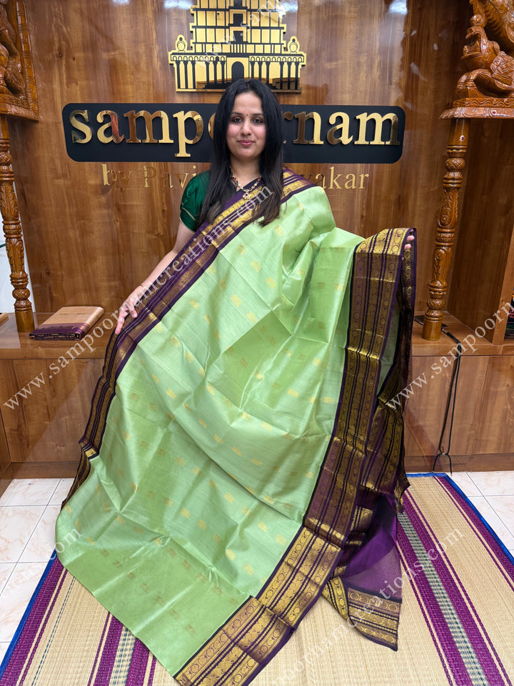 Pastel Pista Green with Vadamalli , Rich Zari butta in the body and Traditional Kanchi borders , rich Pallu Korvai Silk Cotton Sareee