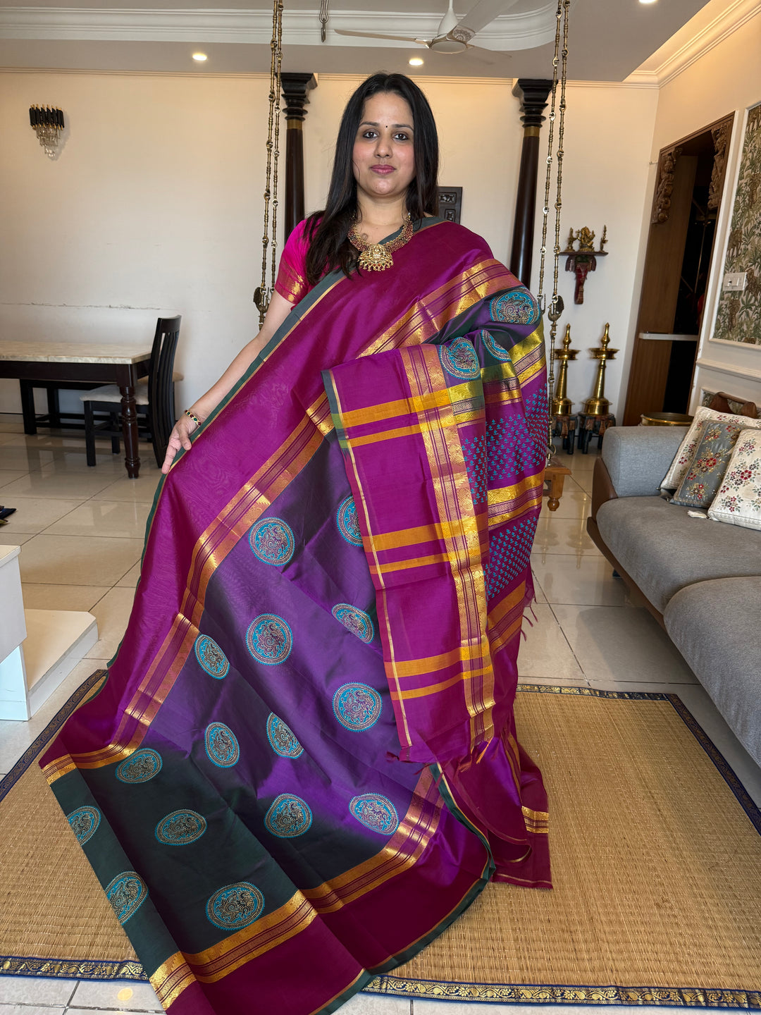 Purple with magentha , annam hand block printed silk cotton saree