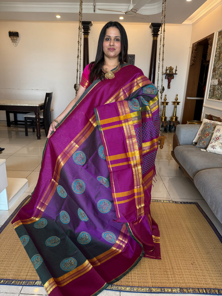 Purple with magentha , annam hand block printed silk cotton saree