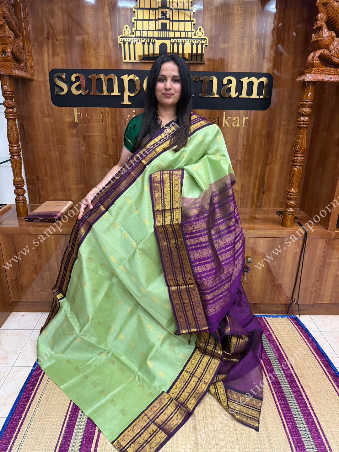 Pastel Pista Green with Vadamalli , Rich Zari butta in the body and Traditional Kanchi borders , rich Pallu Korvai Silk Cotton Sareee