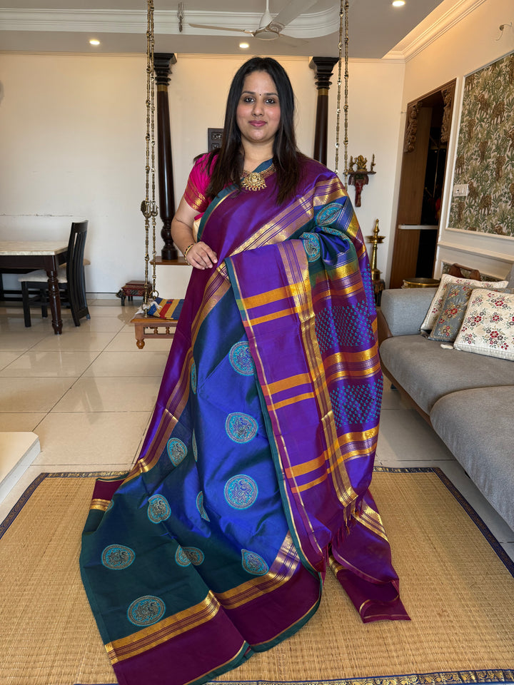 Mayil kazuthu blue with purple , annam hand block printed silk cotton saree