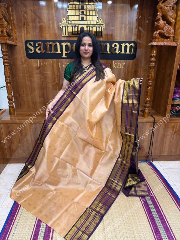 Biscuit with Purple , Rich Zari butta in the body and Traditional Kanchi borders , rich Pallu Korvai Silk Cotton Sareee