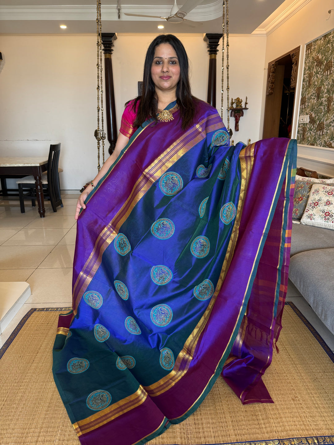 Mayil kazuthu blue with purple , annam hand block printed silk cotton saree
