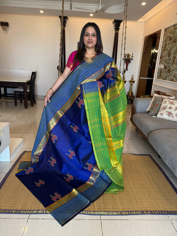 Ms blue with green,terracotta horse hand block printed silk cotton saree