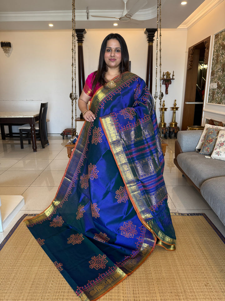 Royal Blue with orange selvedge Traditional Border and Pallu Kolam ,Handblock Printed Silk Cotton Saree
