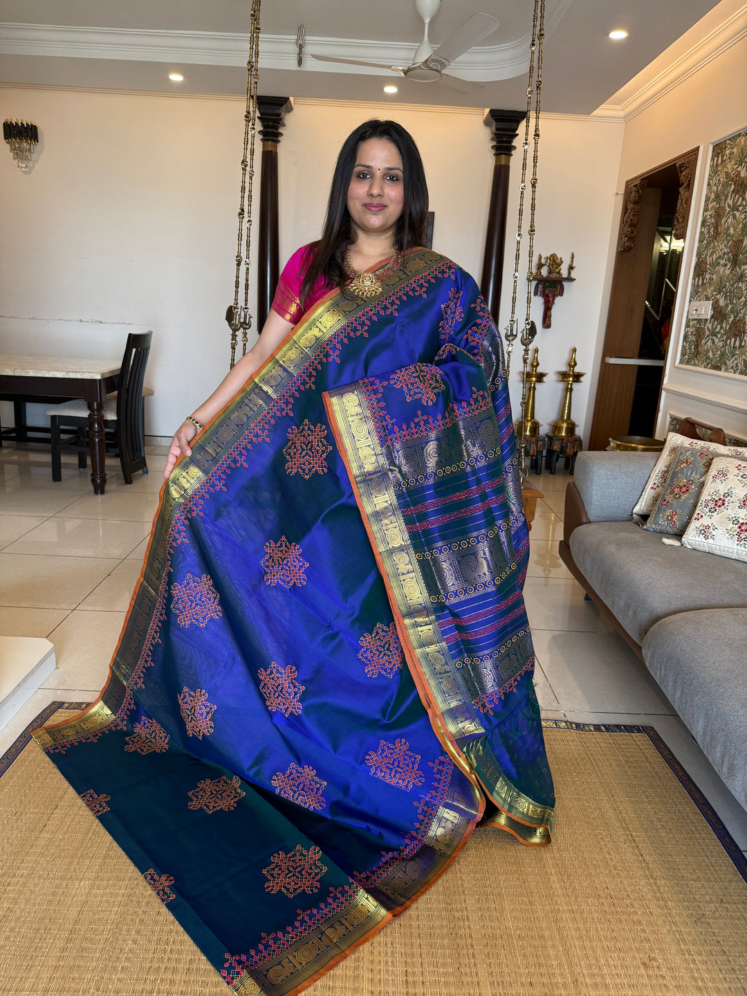 Royal Blue with orange selvedge Traditional Border and Pallu Kolam ,Handblock Printed Silk Cotton Saree