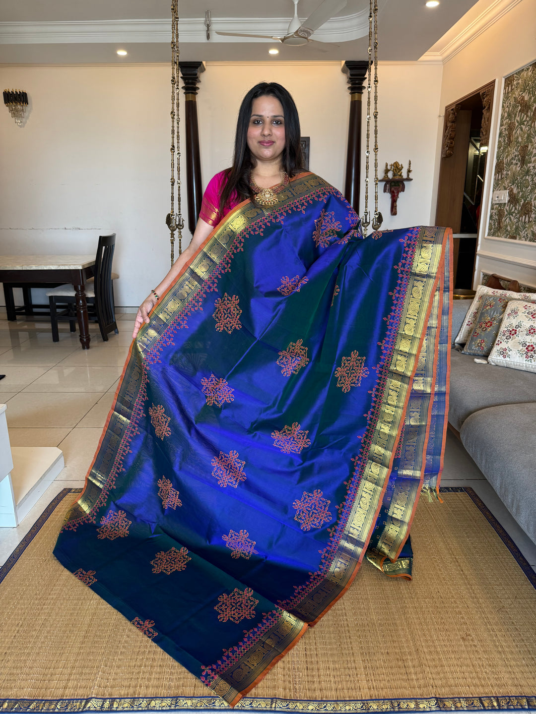 Royal Blue with orange selvedge Traditional Border and Pallu Kolam ,Handblock Printed Silk Cotton Saree