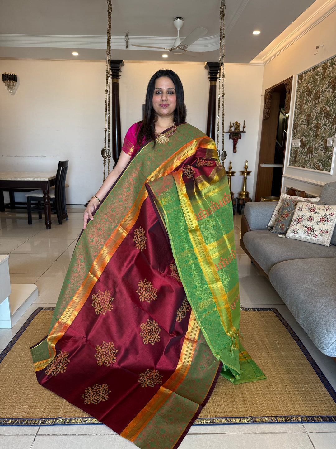 Brick Red with Green Traditional Border and Pallu ,Kolam Handblock Printed Silk Cotton Saree