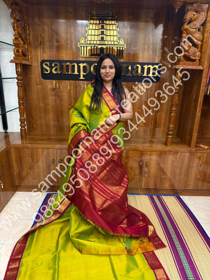 Parrot Green with Dark Red , Traditional borders and rich Pallu Korvai 10 Yards Silk Cotton Saree