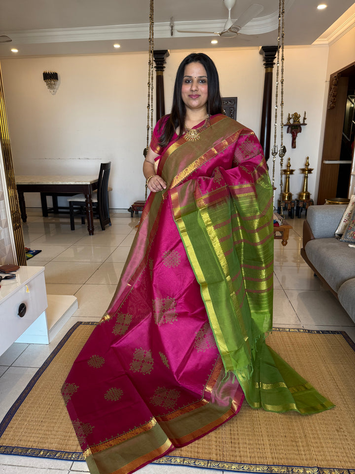 Magenta with Green Traditional Border and Pallu ,Kolam Handblock Printed Silk Cotton Saree