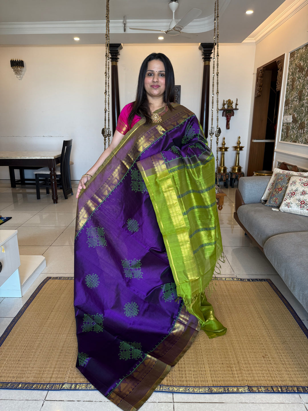 Purple with green Traditional Border and Pallu Kolam Handblock Printed Silk Cotton Saree