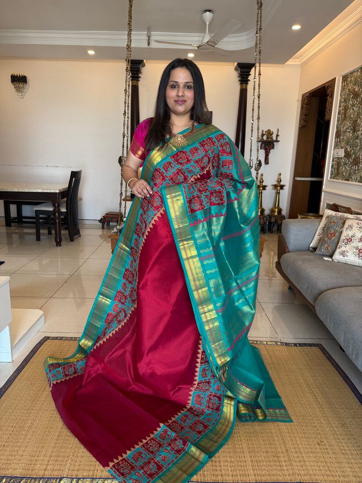 Red with Turquoise Blue, Traditional Border and Rich Pallu ,Annam and Elephant Handblock Printed Borders, Korvai Silk Cotton Saree