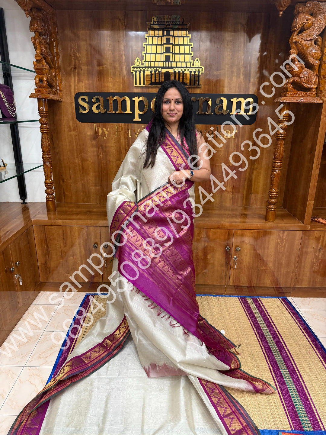 Pearl White with Magenta , Traditional borders and rich Pallu Korvai 10 Yards Silk Cotton Saree