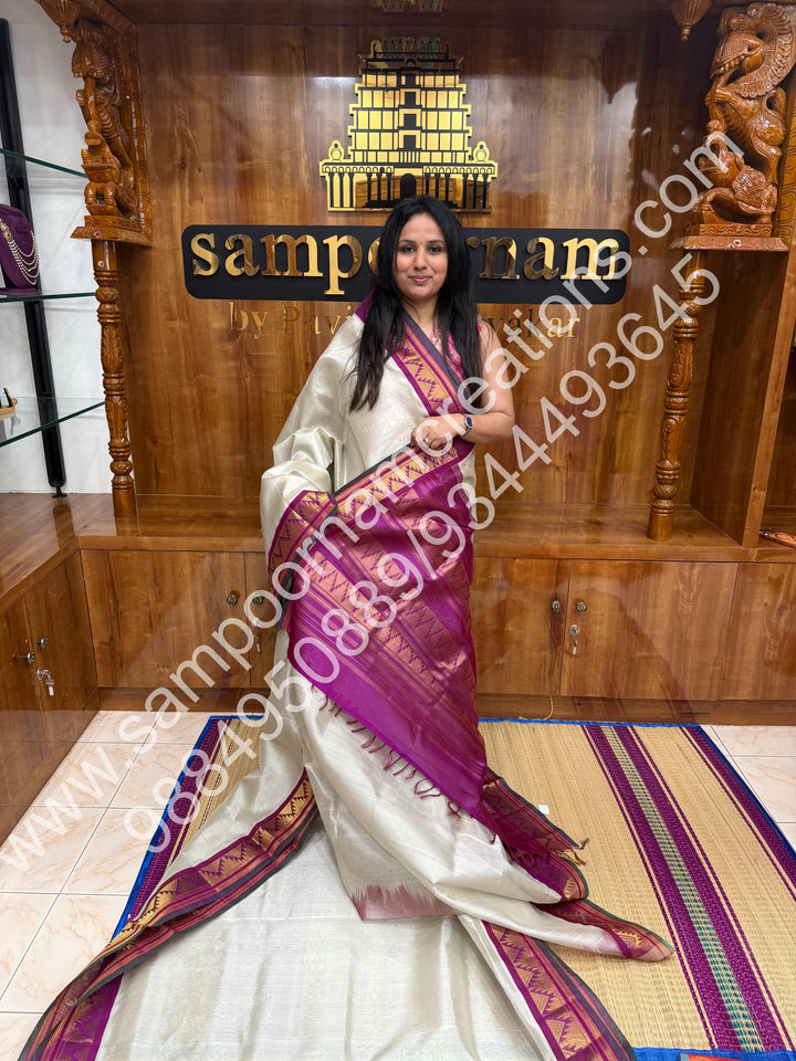 Pearl White with Magenta , Traditional borders and rich Pallu Korvai 10 Yards Silk Cotton Saree