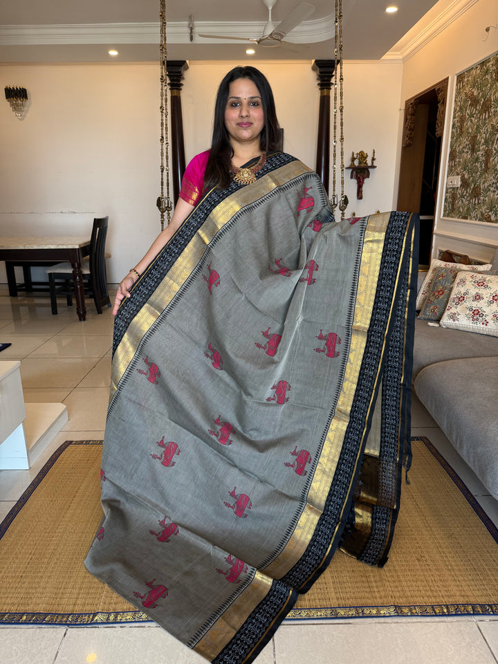 Grey with black terrocotta horse hand block printed silk cotton saree
