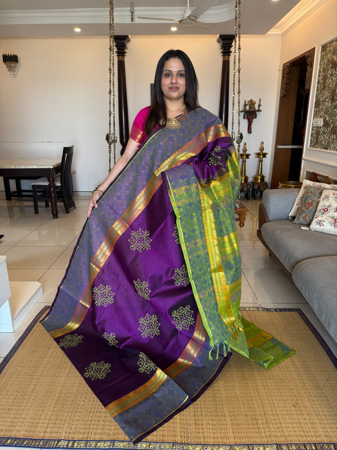 Purple with Green Traditional Border and Pallu Kolam Handblock Printed Silk Cotton Saree