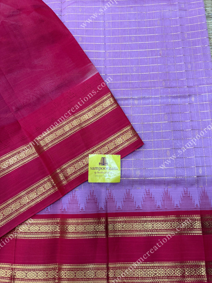 Pastel Pink with Red , Rich Zari checks and Butta in the body and  rettapet  borders , rich Pallu Korvai Silk Cotton Sareee