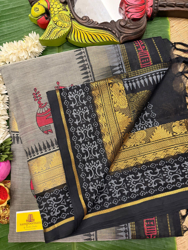 Grey with black terrocotta horse hand block printed silk cotton saree