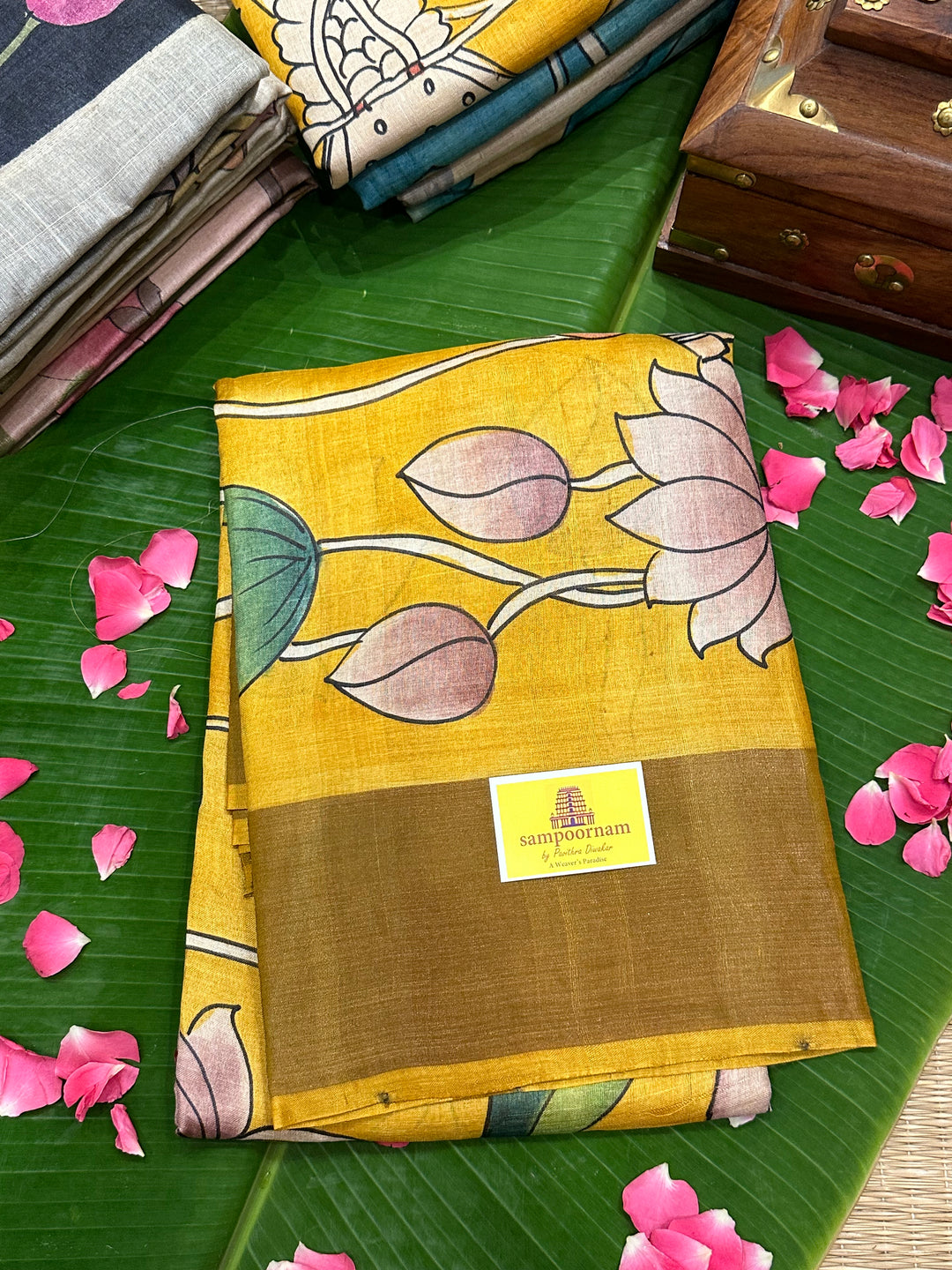 Mustard Colour Saree with Pichwai Lotus Motifs in Body , Pichwai Cow and Lord Krish Painting in Pallu,  Handpainted Pure Tussar Silk Saree