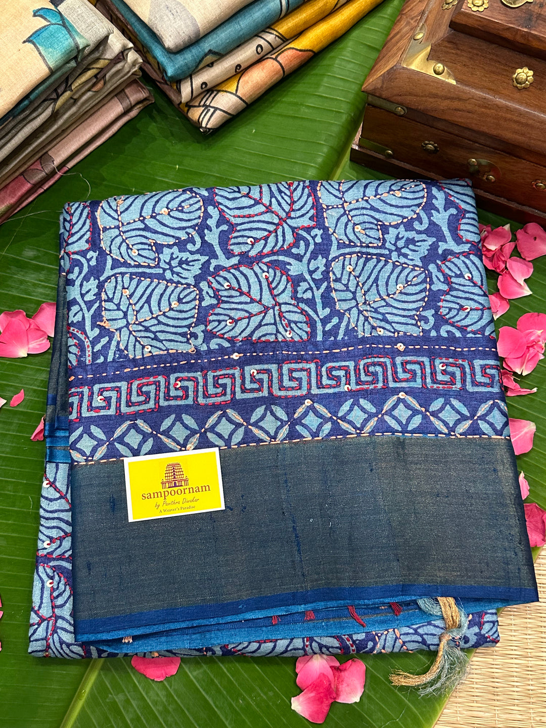 Blue Floral Design, Kantha Embroidery Handwork all over saree, Handpainted Pure Tussar Silk Saree