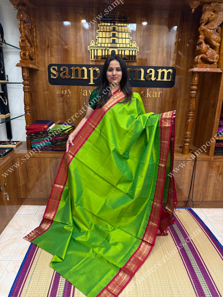 Parrot Green with Dark Red ,  Traditional borders and rich Pallu Korvai Silk Cotton Sareee