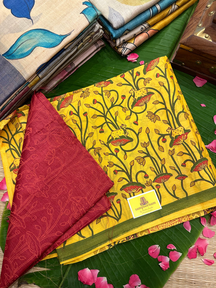 Mustard Yellow Pichwai Cow Handblock Printed Tussar Silk Saree, with contrast handblock printed bloucs