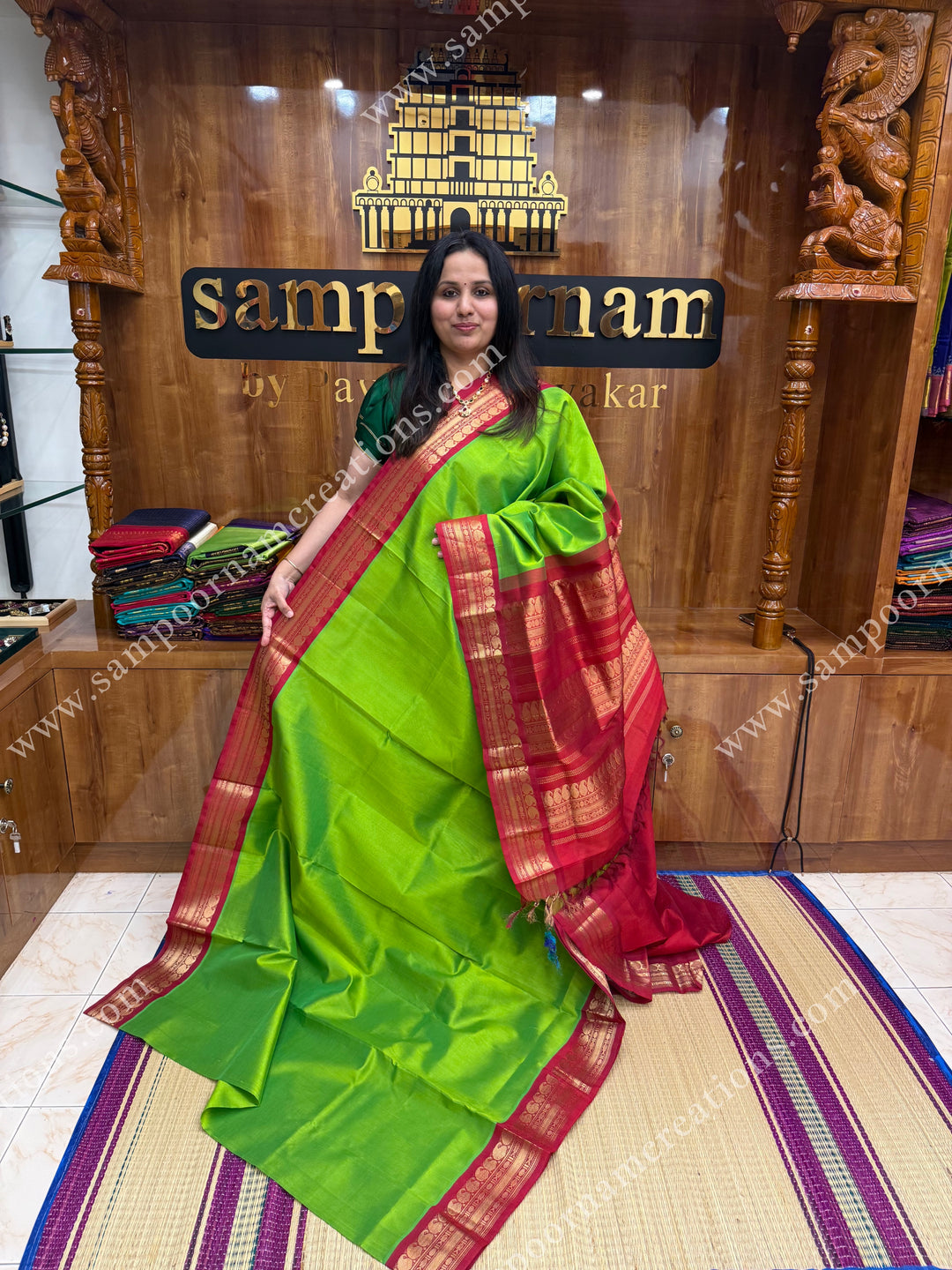 Parrot Green with Dark Red ,  Traditional borders and rich Pallu Korvai Silk Cotton Sareee