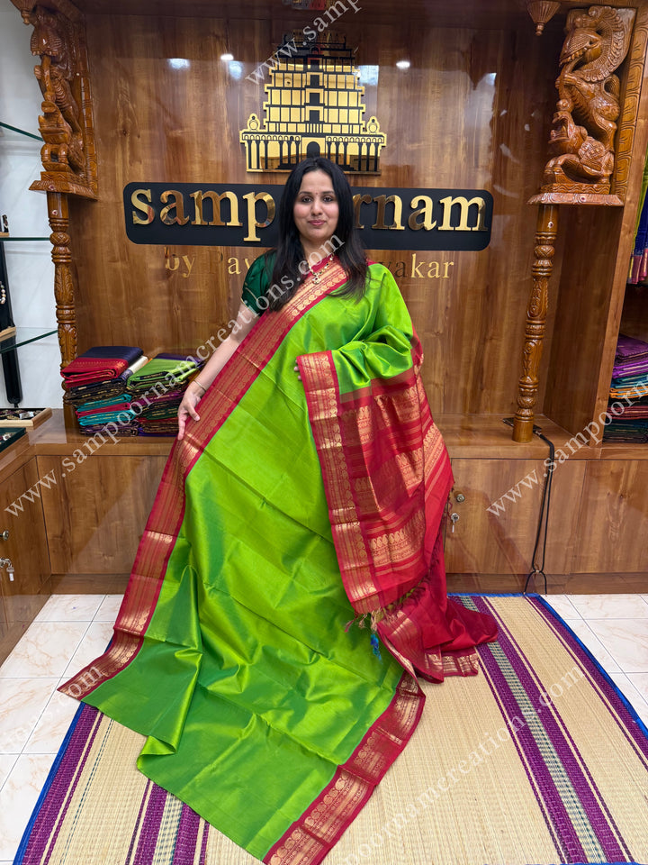 Parrot Green with Dark Red ,  Traditional borders and rich Pallu Korvai Silk Cotton Sareee