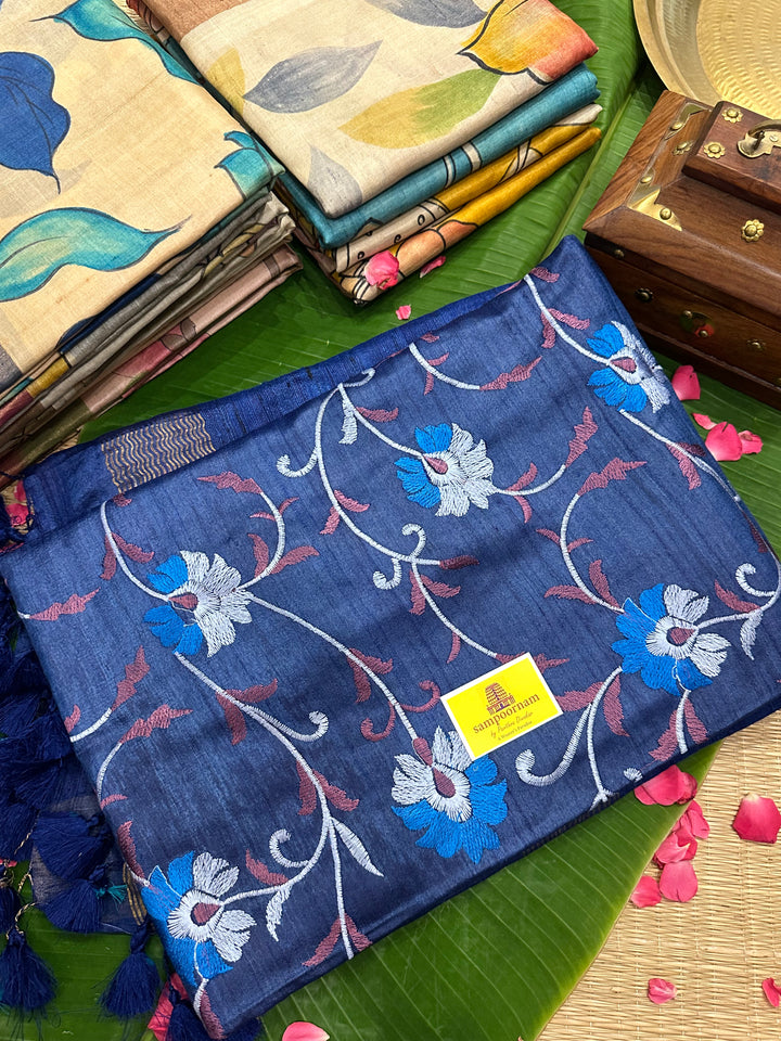 Floral Embroided Blue Pure Tussar Silk Saree