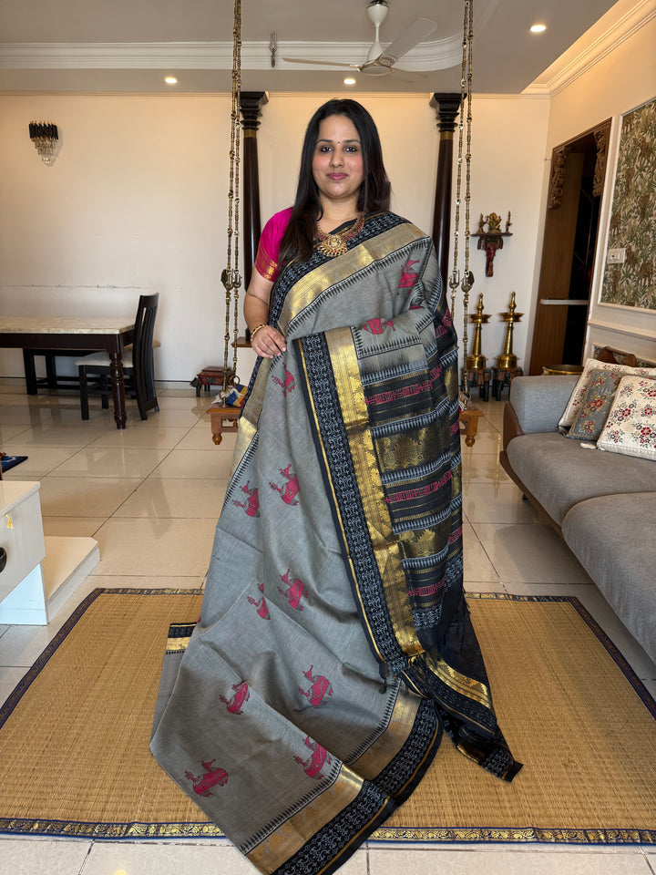 Grey with black terrocotta horse hand block printed silk cotton saree