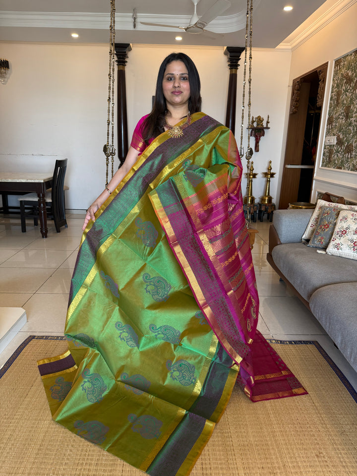 Green with pink , annam hand block printed silk cotton saree