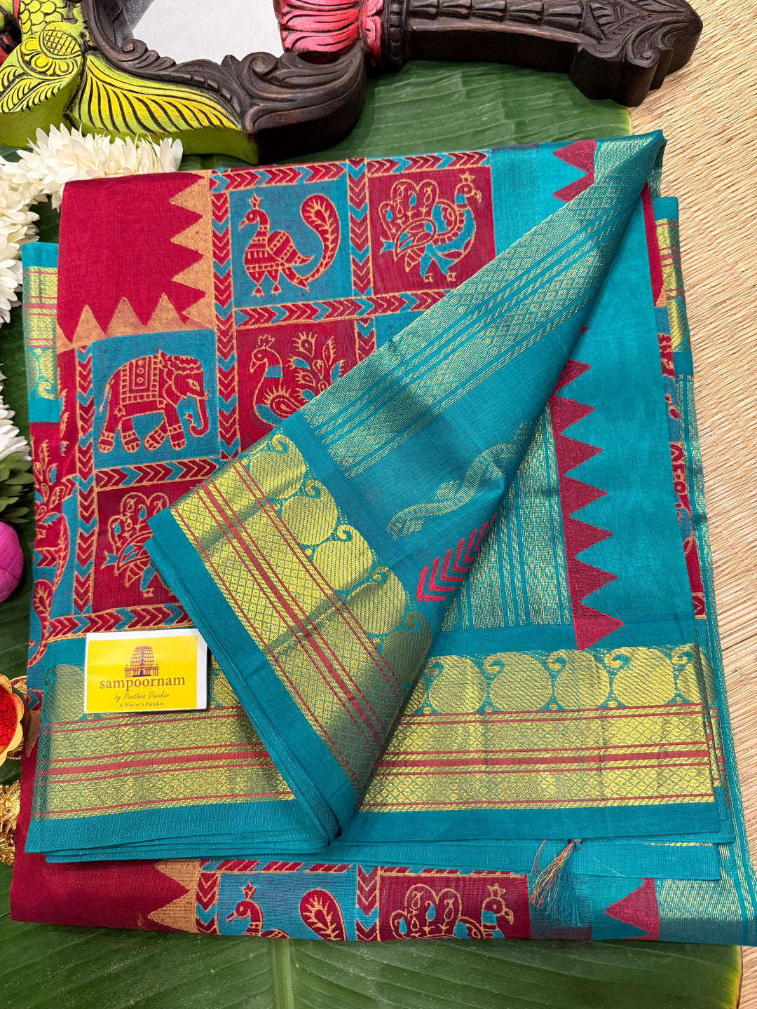 Red with Turquoise Blue, Traditional Border and Rich Pallu ,Annam and Elephant Handblock Printed Borders, Korvai Silk Cotton Saree