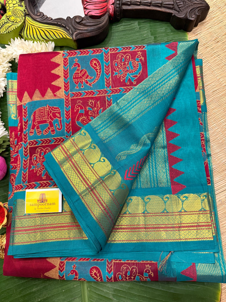 Red with Turquoise Blue, Traditional Border and Rich Pallu ,Annam and Elephant Handblock Printed Borders, Korvai Silk Cotton Saree