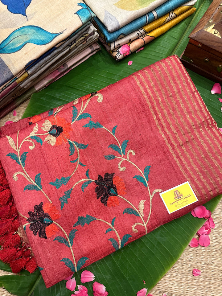 Floral Embroided Red Pure Tussar Silk Saree