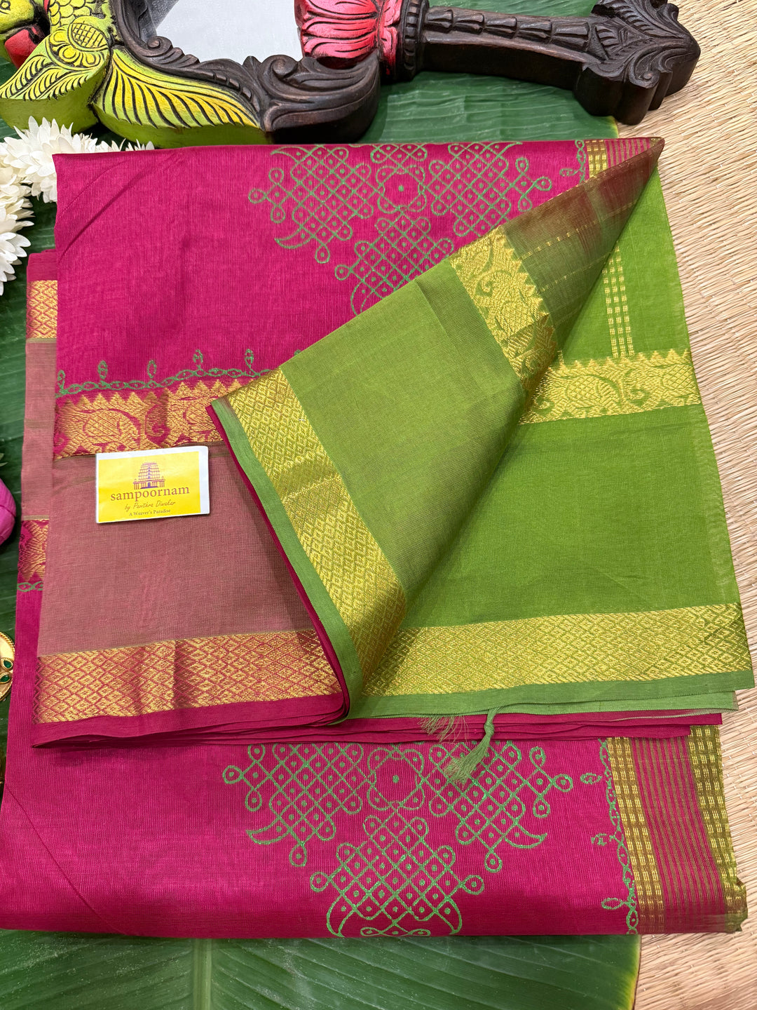 Magenta with Green Traditional Border and Pallu ,Kolam Handblock Printed Silk Cotton Saree