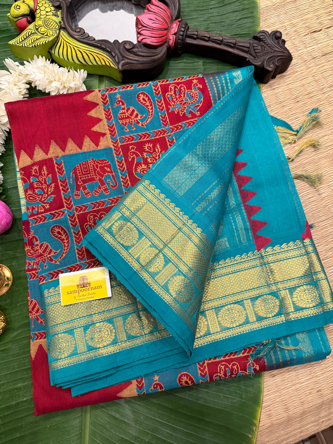 Red with Turquoise Blue Traditional Border and Rich Pallu ,Border Annam and Elephant Printed Silk Cotton Saree